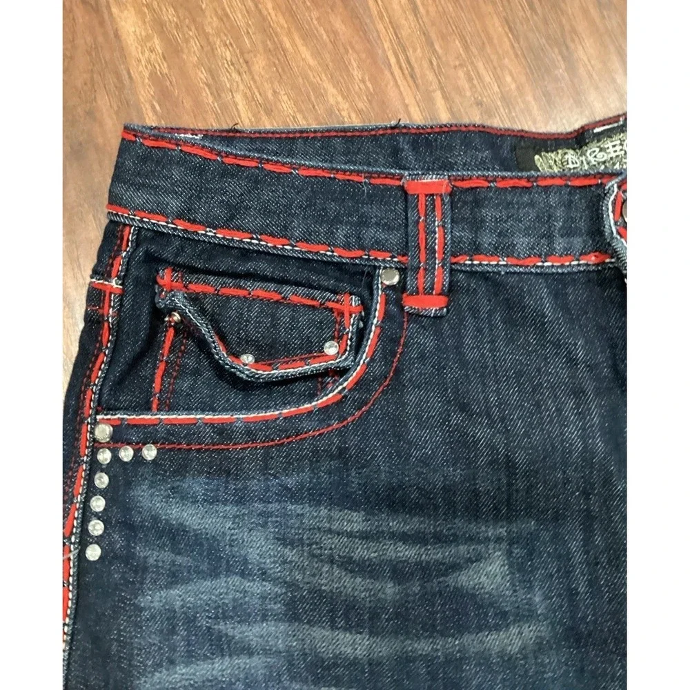 Direct Blue Denim Jean  Shorts 36 Y2K Baggy Embroidered Pockets With Rhinestones